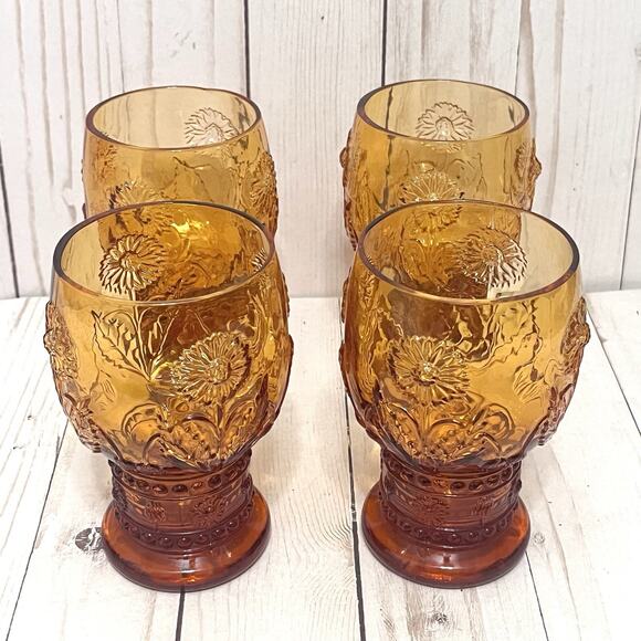 Anthropologie Rare & Retired HELIANTHUS Amber Water Daisy Pedestal Goblets Set 4 - Picture 6 of 10